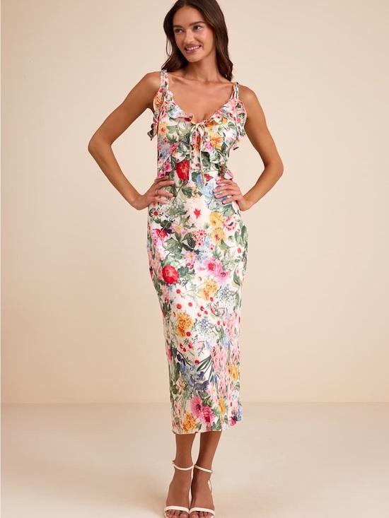 Lulus Dresses & Skirts - NWT Lulus Clelia Ivory Multi Floral Satin Ruffled Tie-Strap Midi Dress